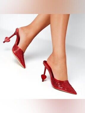 Red Rhinestone Crystal Transparent Luxe Women's Mule Heels